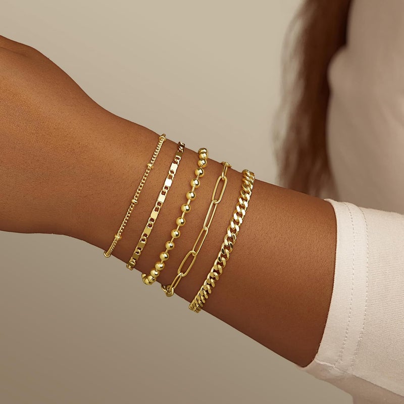 Poxtex Gold Bracelets Set for Women Stack, Dainty Thick Bracelets Stack for Women Trendy, Simple Thin Gold Plated Cuff Stackable Bracelets With Beaded Cuban Paperclip Snake Rope Bangle Hand Chain Jewelry Gifts for Women Non Tainish - Image 2